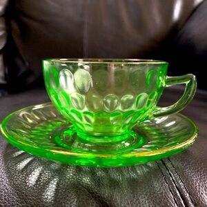 Vintage Federal Vaseline Depression Glass Cup & Saucer Thumbprint Pattern